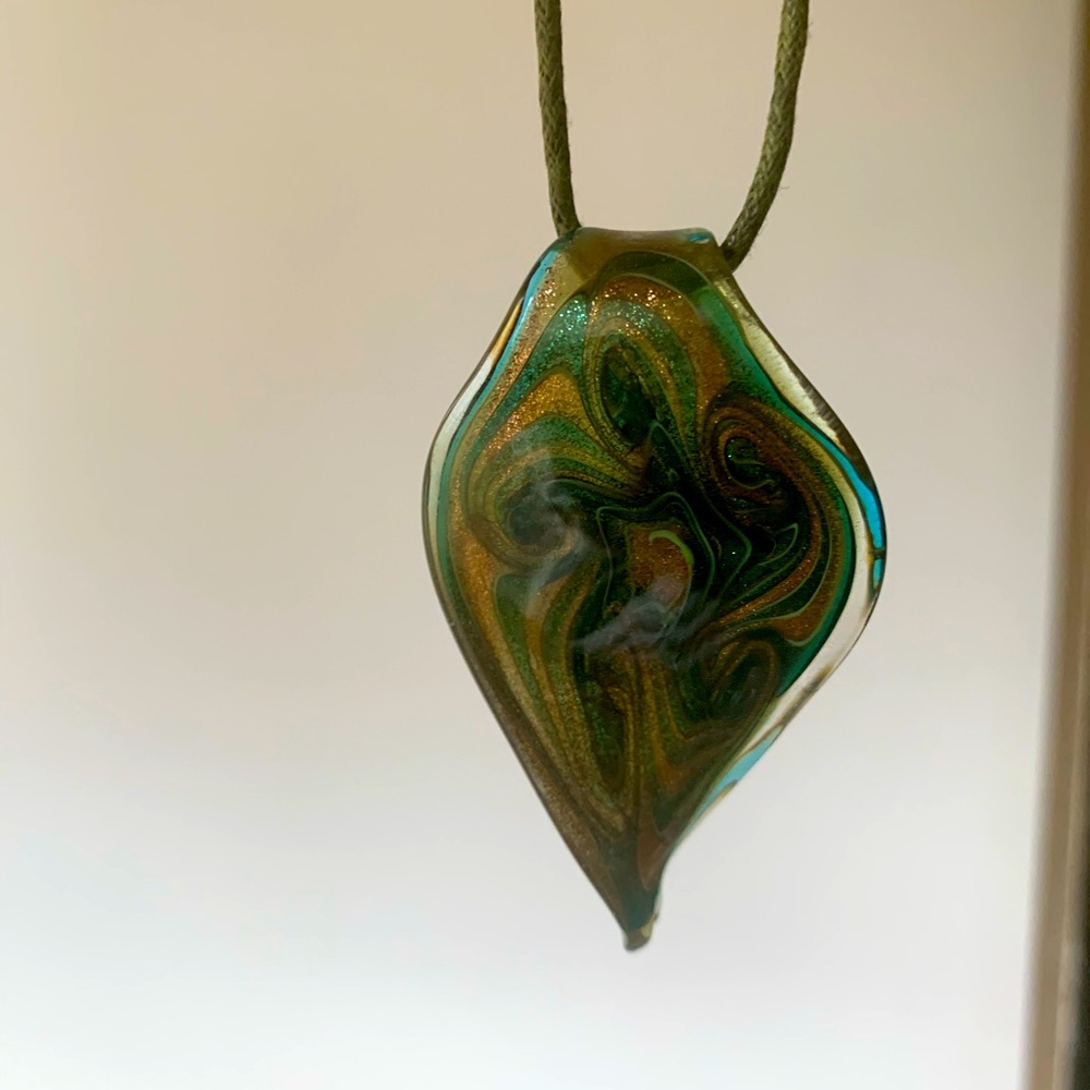 Boho Green Glass Pendant with swirl pattern, 18 inches